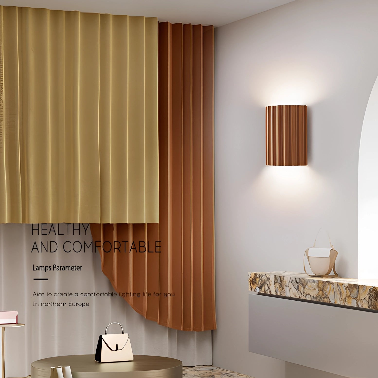 Modern white ribbed wall sconce with a contemporary design, featuring a textured shade and mounted on a beige and brown wood-paneled wall in an indoor setting.