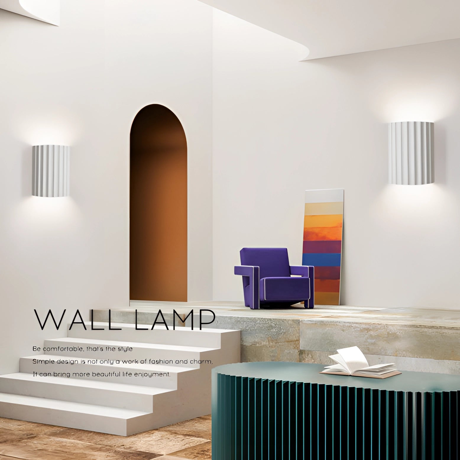 Modern white ribbed wall sconce mounted on an interior wall, providing contemporary indoor lighting in a stylishly designed room with wooden flooring and rectangular elements.