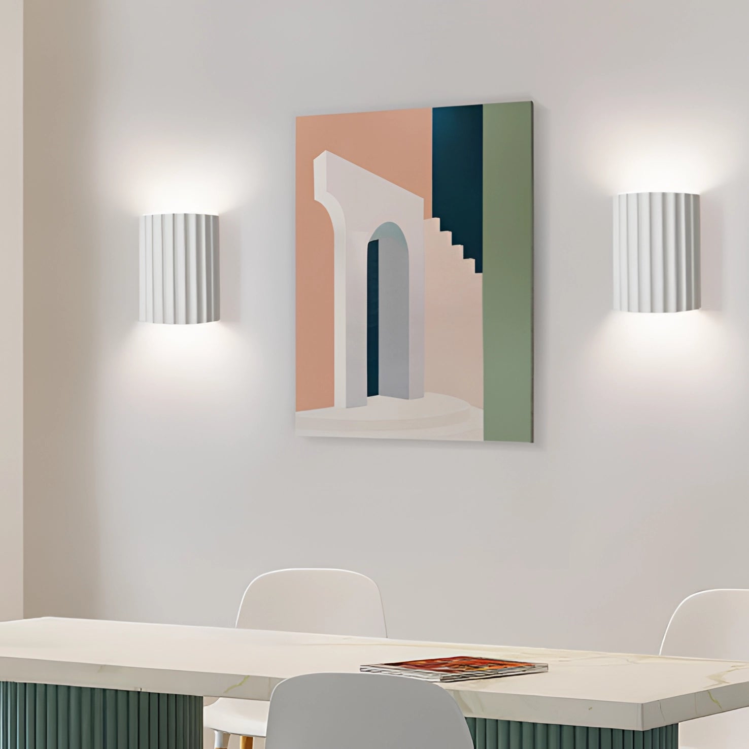 Modern white ribbed wall sconce mounted on a white wall in a contemporary indoor setting, designed for use with 220 V-240 V electrical systems in Great Britain and Australia.