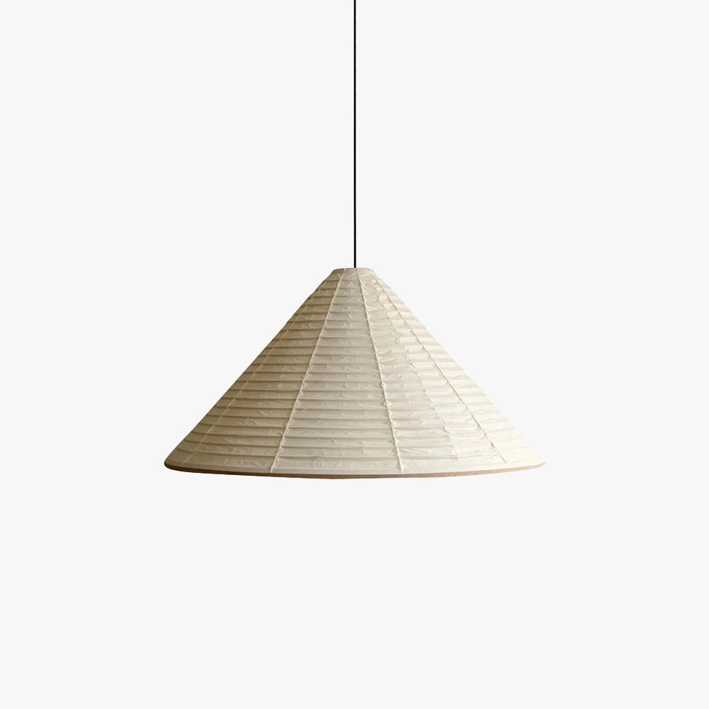 Modern white Scandinavian cone pendant light with minimalist design, featuring a conical shape and symmetrical metal structure, hanging as a ceiling fixture.