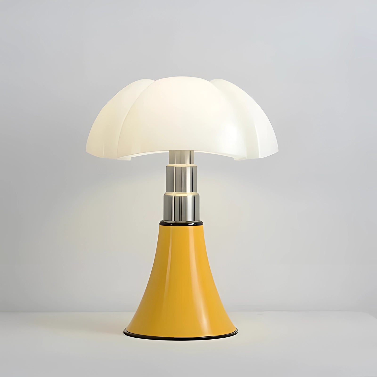 Modern white table lamp with a contemporary minimalist mushroom design in a yellow variant, featuring a sleek lampshade and a combination of wood and metal materials.