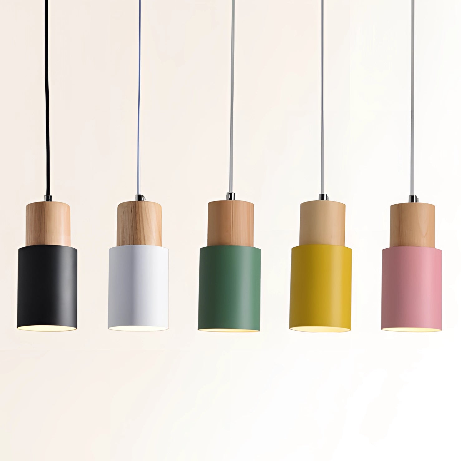 Nordic modern pendant light with a Scandinavian style, featuring a yellow lampshade and wood accent, designed for ceiling installation. The light fixture is suitable for 220V-240V power supply, ideal for UK/AU regions.