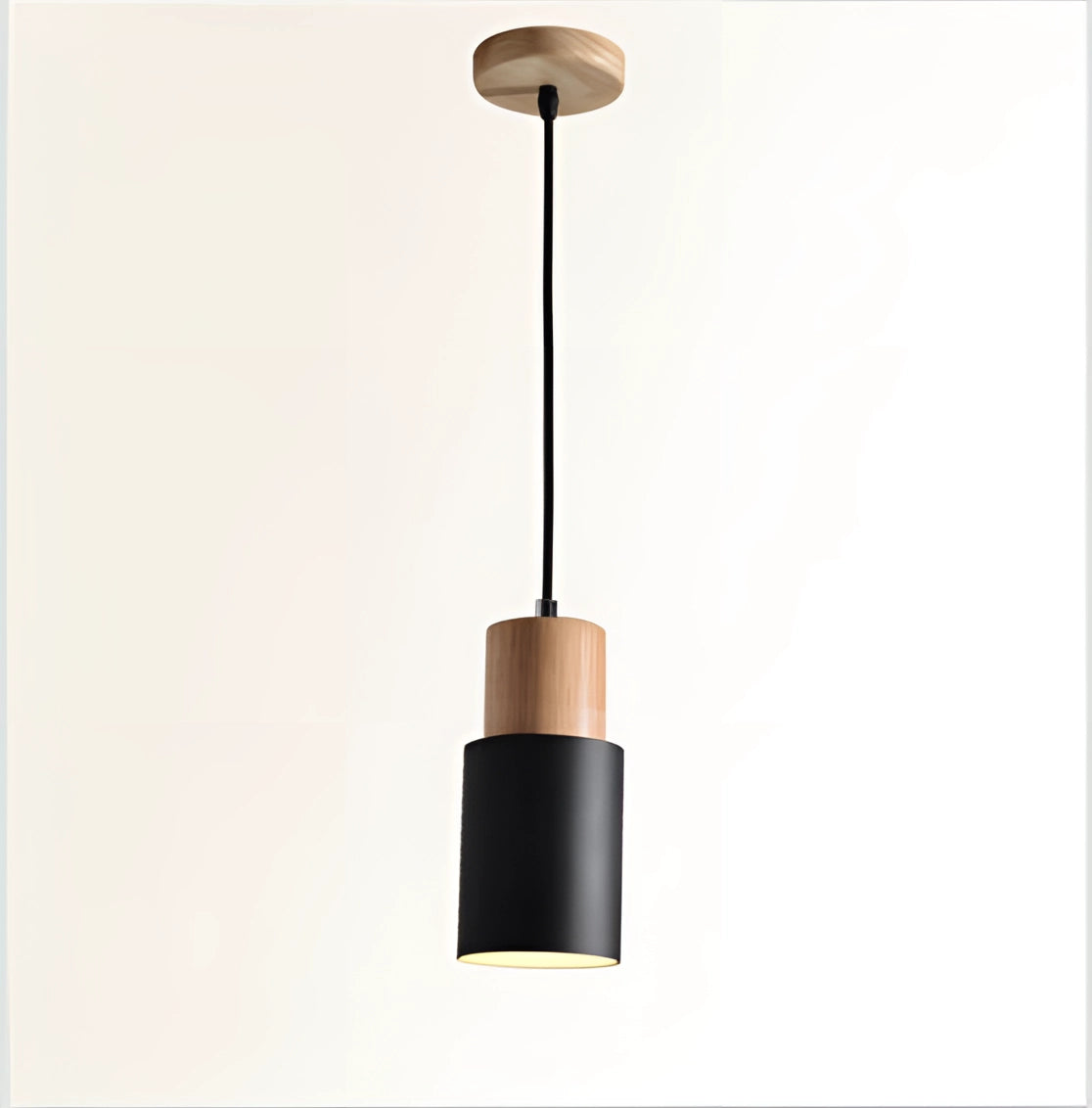 Nordic Modern Pendant Light in Scandinavian style with a wood accent, featuring a sleek black design. The pendant light is adjustable and suitable for 110V-120V for US/CA. It is a ceiling fixture that emits a soft, diffused light, complementing modern and minimalist decor.