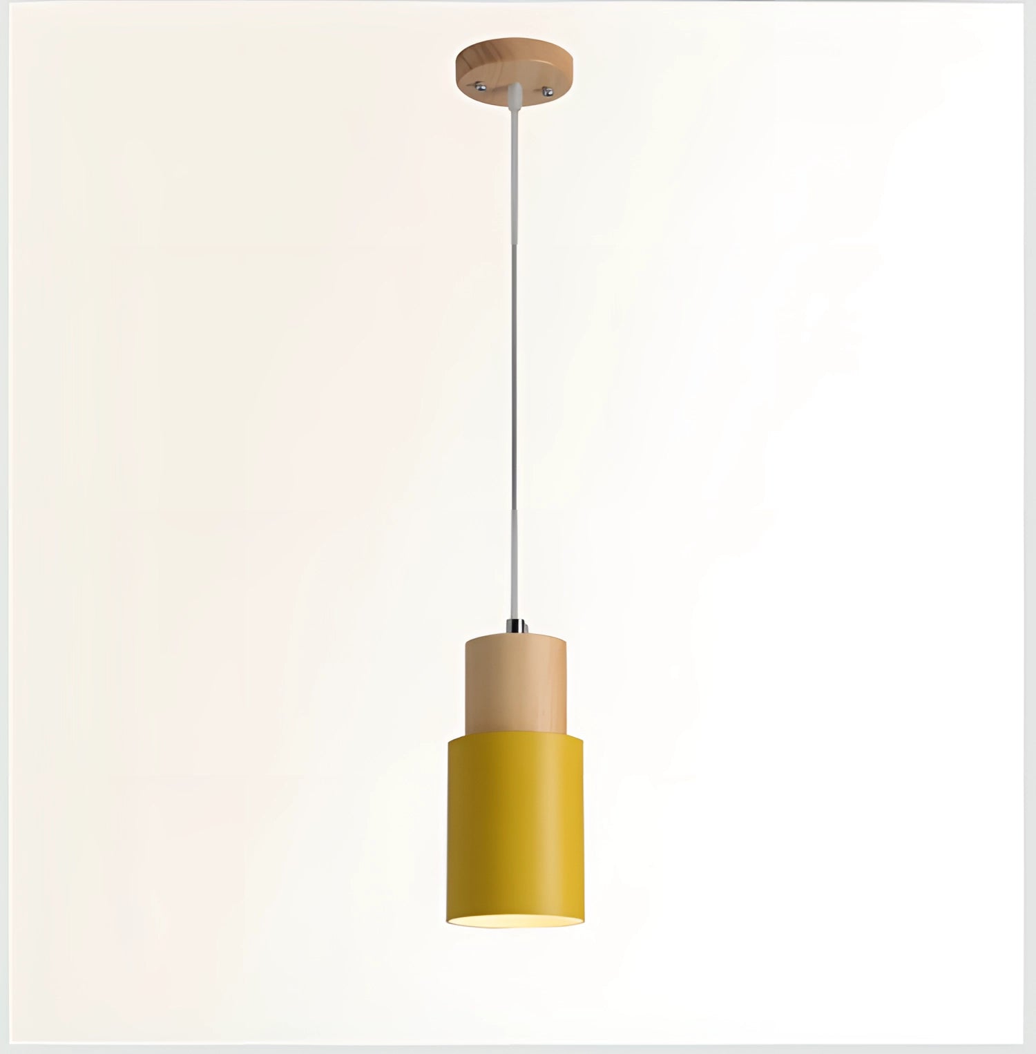 Nordic modern pendant light with a Scandinavian style design, featuring a yellow lampshade and a wood accent. The pendant light is rectangular in shape and adjustable, suitable for use with 110V-120V electrical systems in the US and Canada. The fixture is designed to be mounted on the ceiling.