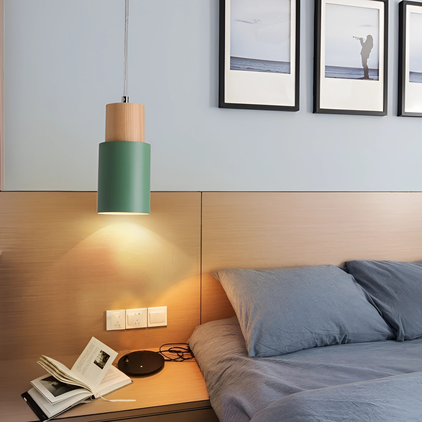 Nordic Modern Pendant Light with Scandinavian style featuring a sleek wooden accent and adjustable height, enhancing the interior design of the space with its warm lighting.