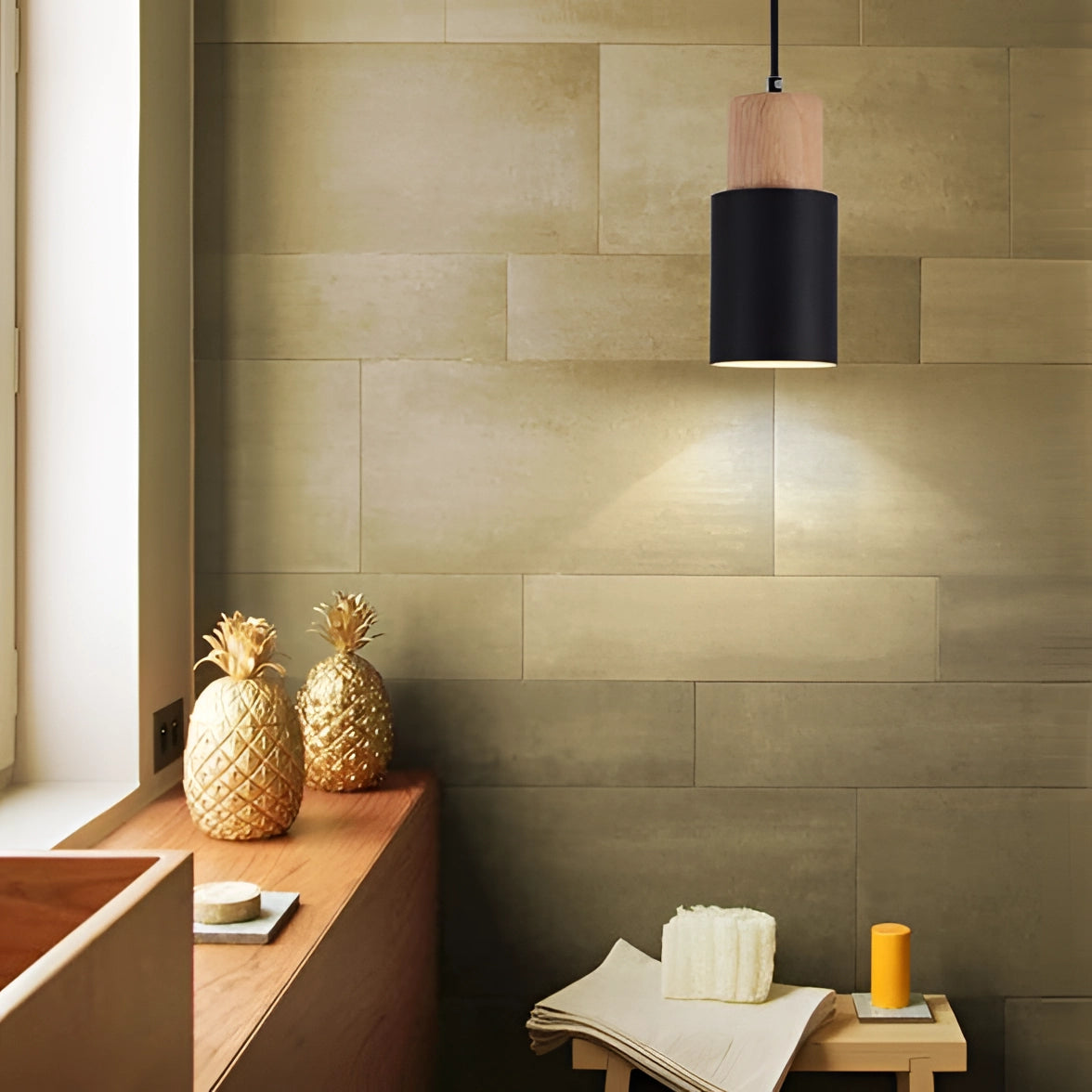 Nordic modern pendant light with wood accent, adjustable design, featuring a warm orange and yellow color scheme, illuminating a contemporary interior setting.