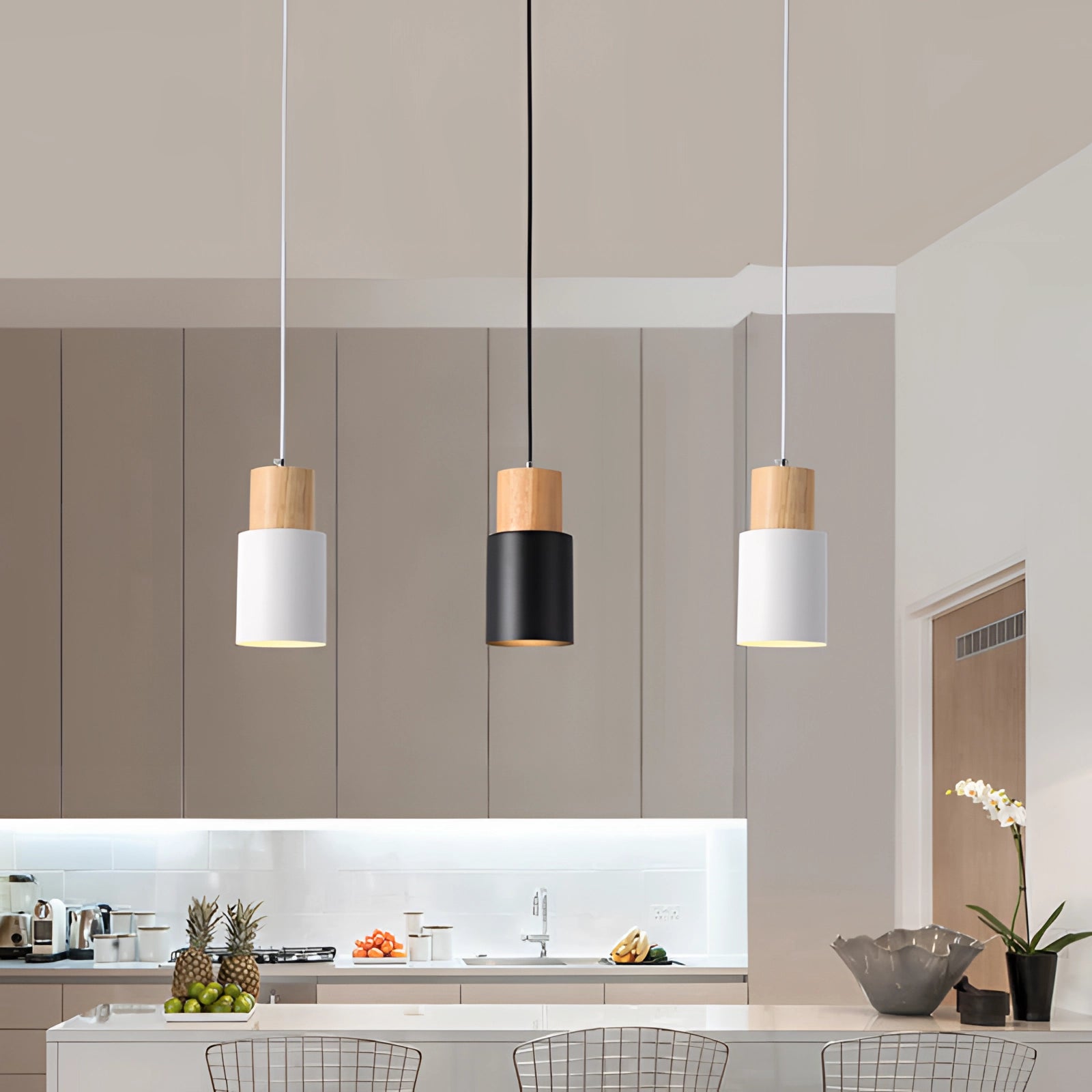 Nordic modern pendant light in Scandinavian style with a white finish, featuring a wood accent. The light has a sleek, rectangular design suitable for UK/AU 220V-240V voltage. Ideal for enhancing interior design and architecture, it is adjustable and perfect for adding a minimalist touch to any space.