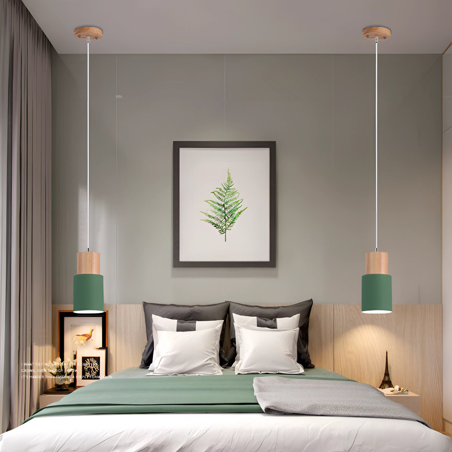 Nordic modern pendant light with a Scandinavian design featuring a wooden accent and adjustable height, displayed in an interior setting. The light fixture has a green shade, complementing its minimalist and stylish aesthetic.