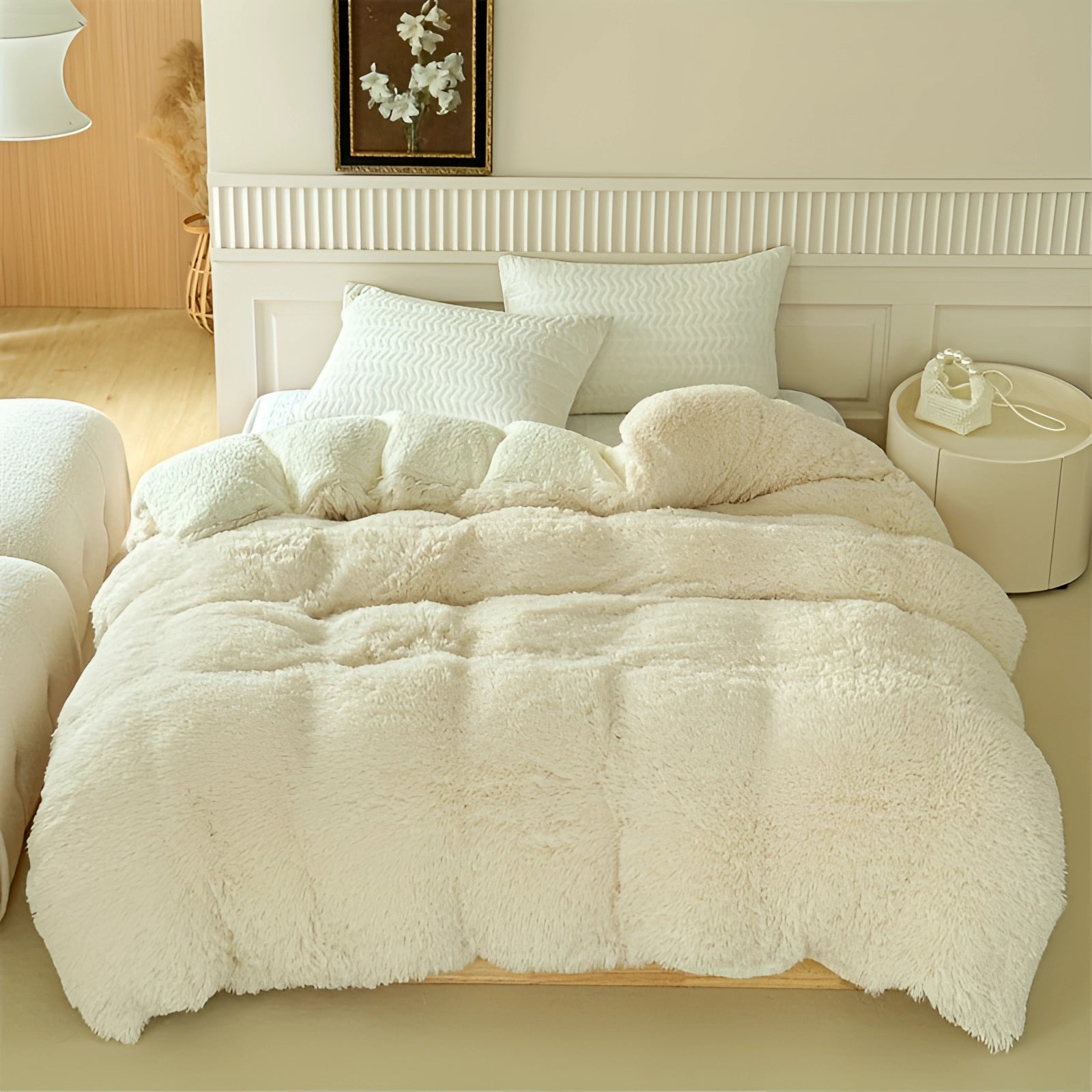 Cozy pastel faux fur blanket in multicolor draped over a beige couch, with a soft white pillow, situated in a stylish interior setting. The blanket is displayed in a rectangular shape, measuring 203cm x 229cm, complementing the warm wood tones and comfortable ambiance.