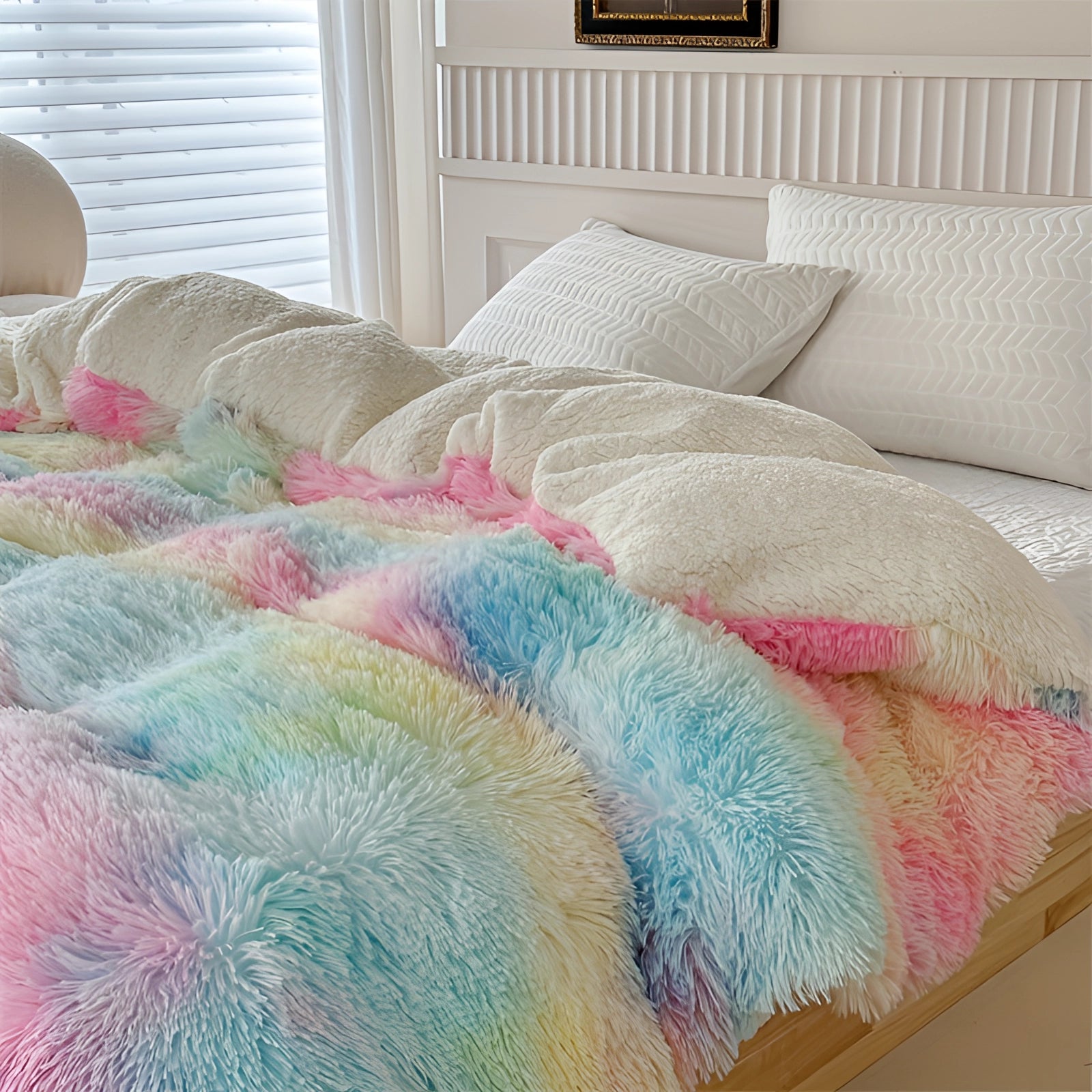 Fluffy multicolor pastel faux fur blanket draped over a grey couch in a cozy living room setting with a window and blinds in the background.