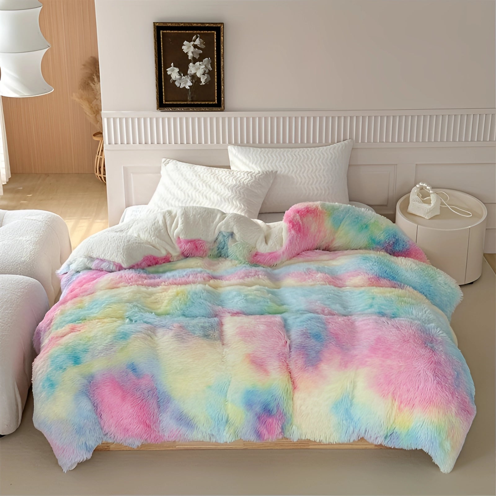 
A pastel faux fur blanket in rainbow colors, draped over a piece of furniture, showcasing its multicolor fluffy texture and cozy design. The blanket measures 203cm by 229cm and is placed in a well-lit interior setting.