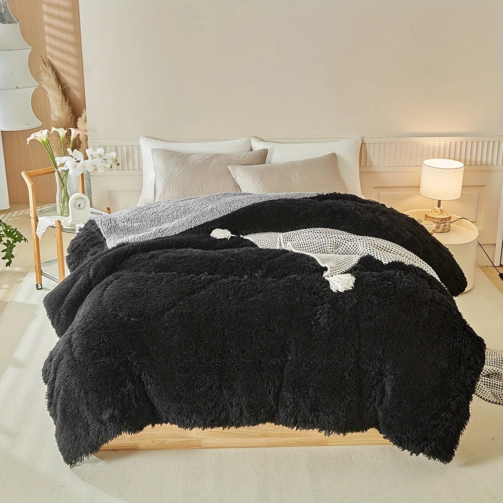 Pastel faux fur blanket in a multicolor design, featuring a fluffy texture, shown in black. The blanket is spread out, highlighting its large rectangular size of 203cm x 229cm, ideal for adding comfort and style to bedding and bedroom decor.