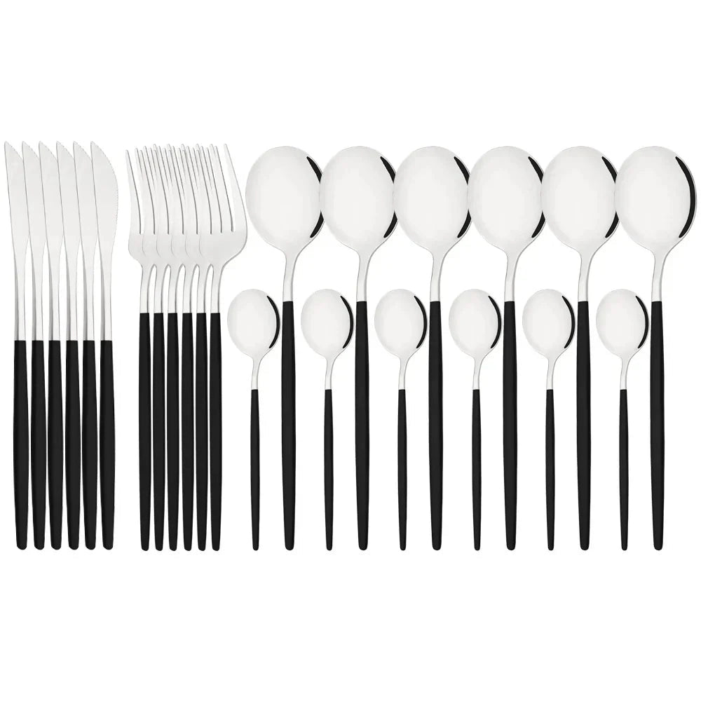 Elegant modern pink cutlery set consisting of 48 pieces, featuring a combination of black and silver stainless steel with a sleek monochrome design.