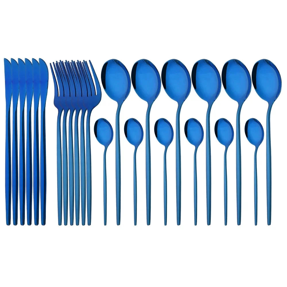 Blue Stainless Steel Flatware Set, 48 pieces, featuring elegant modern design with parallel lines and circular patterns.