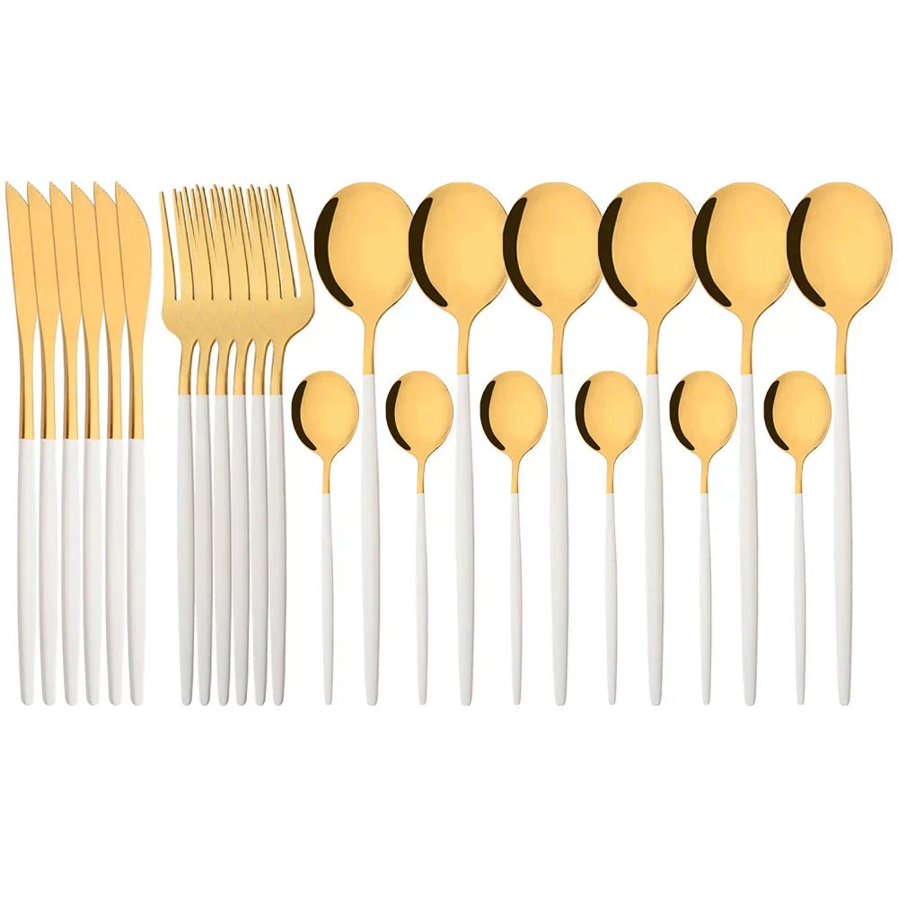 Elegant modern pink cutlery set made of stainless steel, featuring white gold accents. The image showcases a 48-piece flatware set laid out neatly, highlighting the metallic sheen and contemporary design against a neutral background.