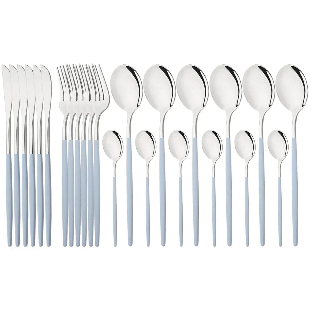 Light blue-silver stainless steel flatware set with 48 pieces, featuring an elegant modern design and pink handles.