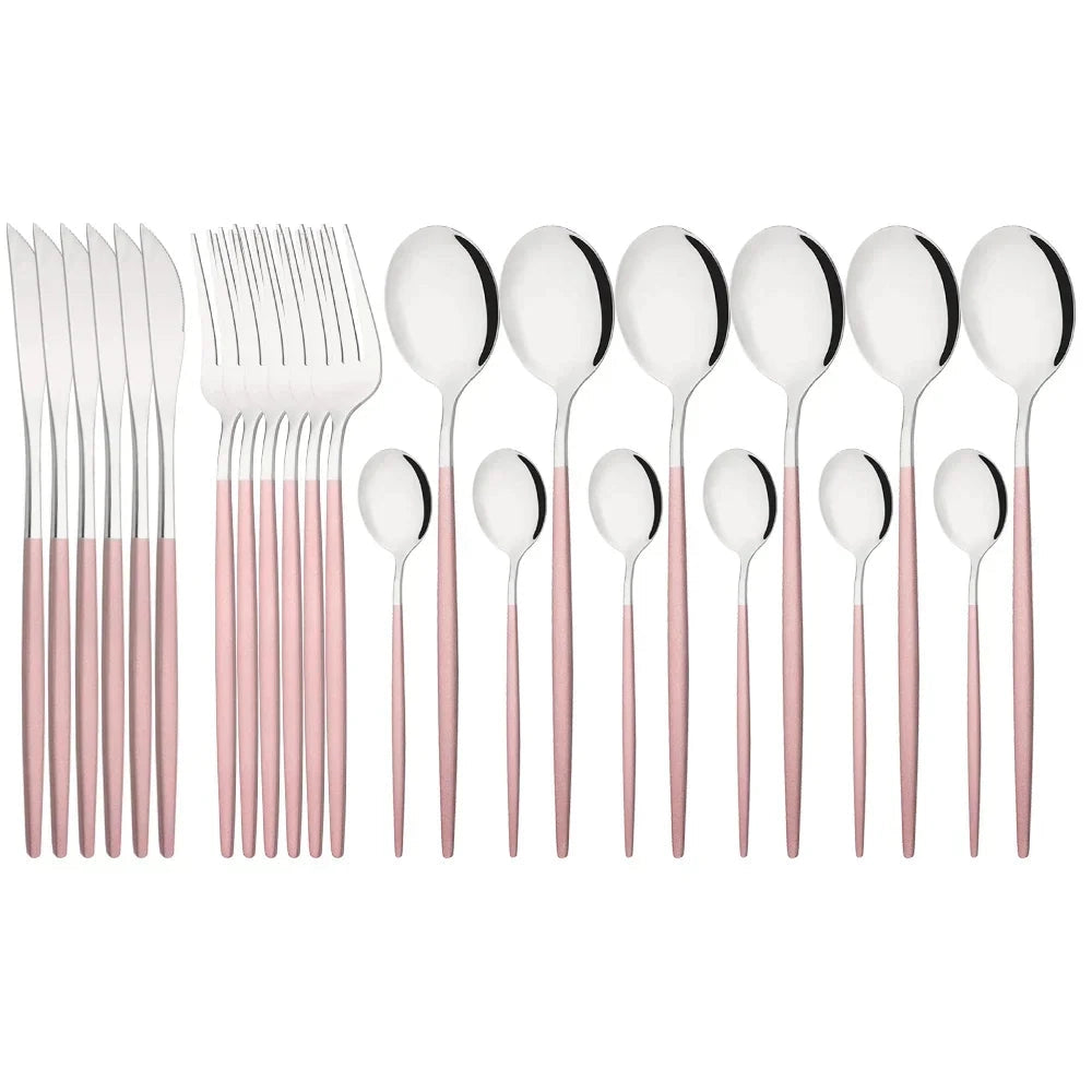 Elegant modern pink cutlery set in rose-silver, featuring 48 pieces, made from stainless steel, displayed in a circular arrangement.