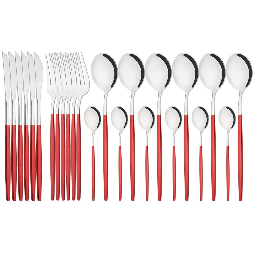 Elegant modern flatware set made of pink stainless steel, shown in a 48-piece collection, featuring a red-silver color scheme.