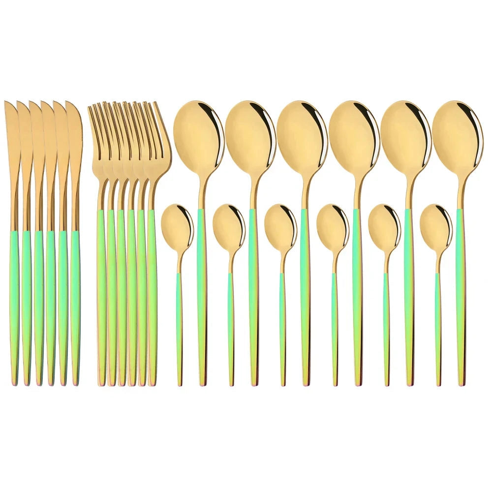 Elegant modern green-gold stainless steel flatware set consisting of 48 pieces, showcasing a sleek and symmetrical design.