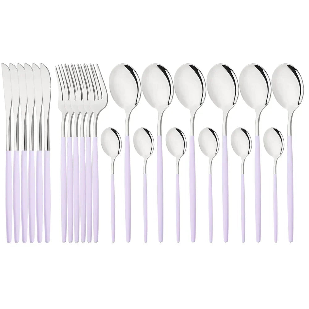 Elegant modern pink cutlery set in violet-silver, featuring 48 pieces of stainless steel flatware including forks, knives, and spoons, perfect for a stylish dining experience.