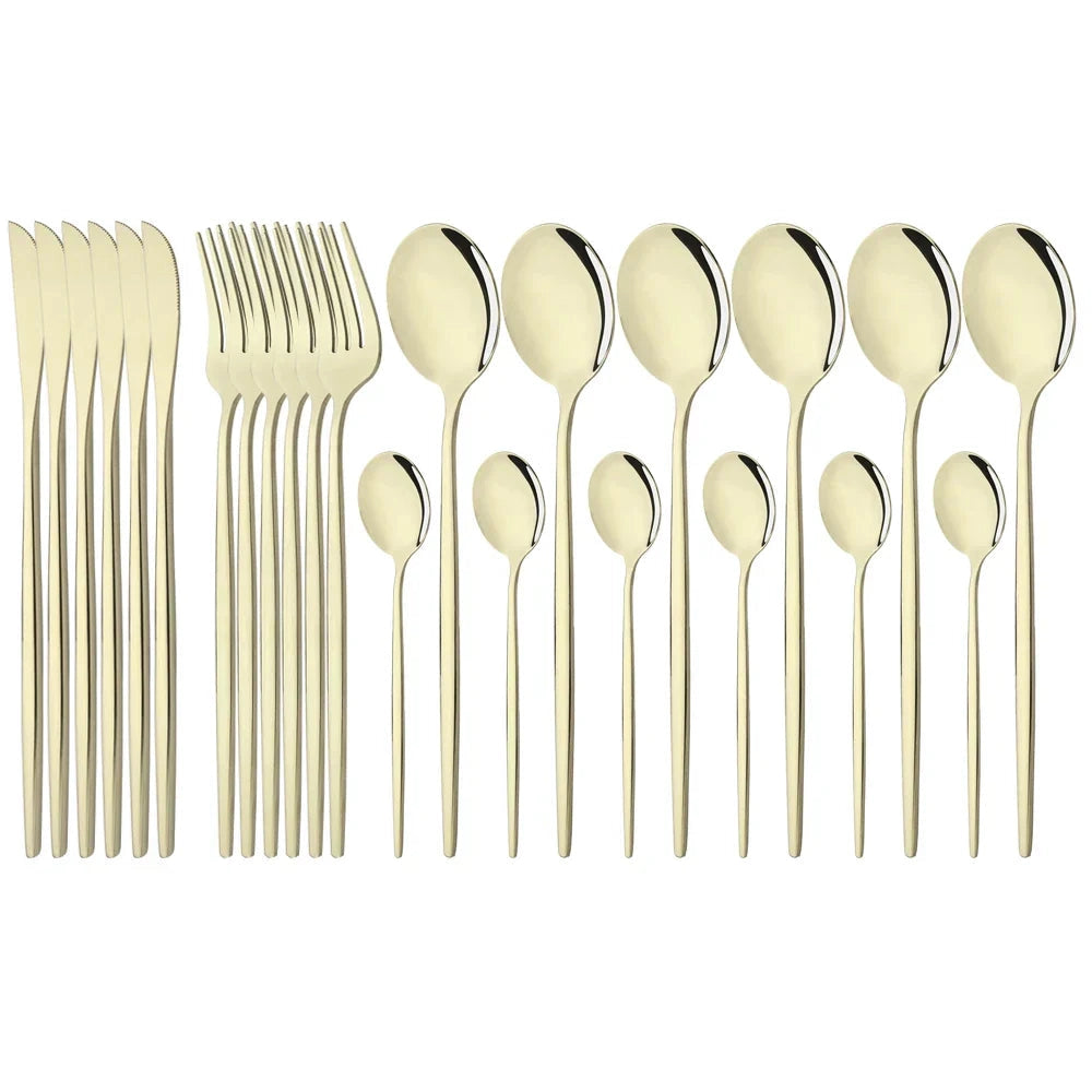 Elegant modern pink stainless steel flatware set, champagne variant, featuring 48 pieces of cutlery including forks, knives, and spoons, with a sleek and contemporary design suitable for dining settings.