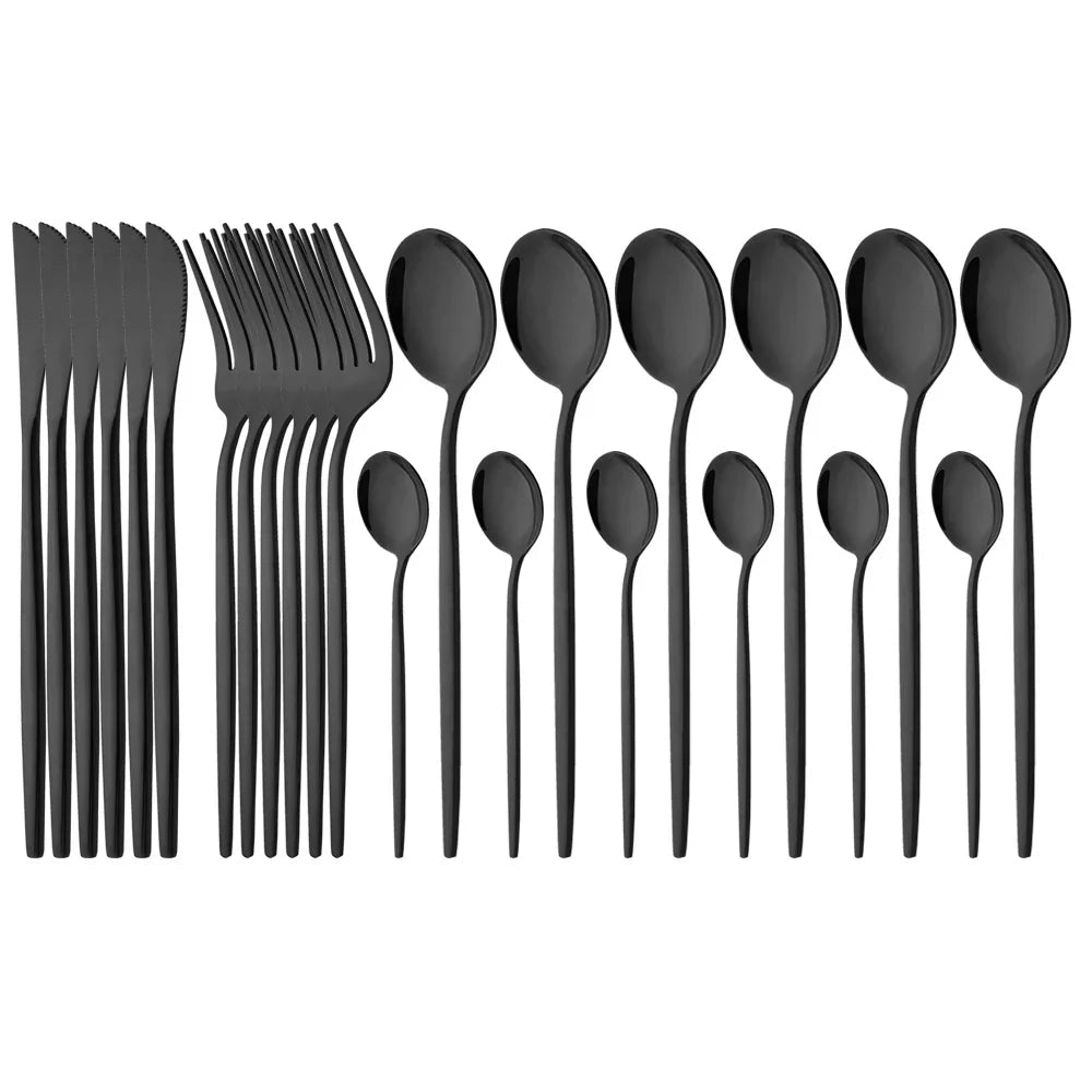 
A 48-piece pink stainless steel flatware set with modern and elegant design, featuring black handles and sleek lines.