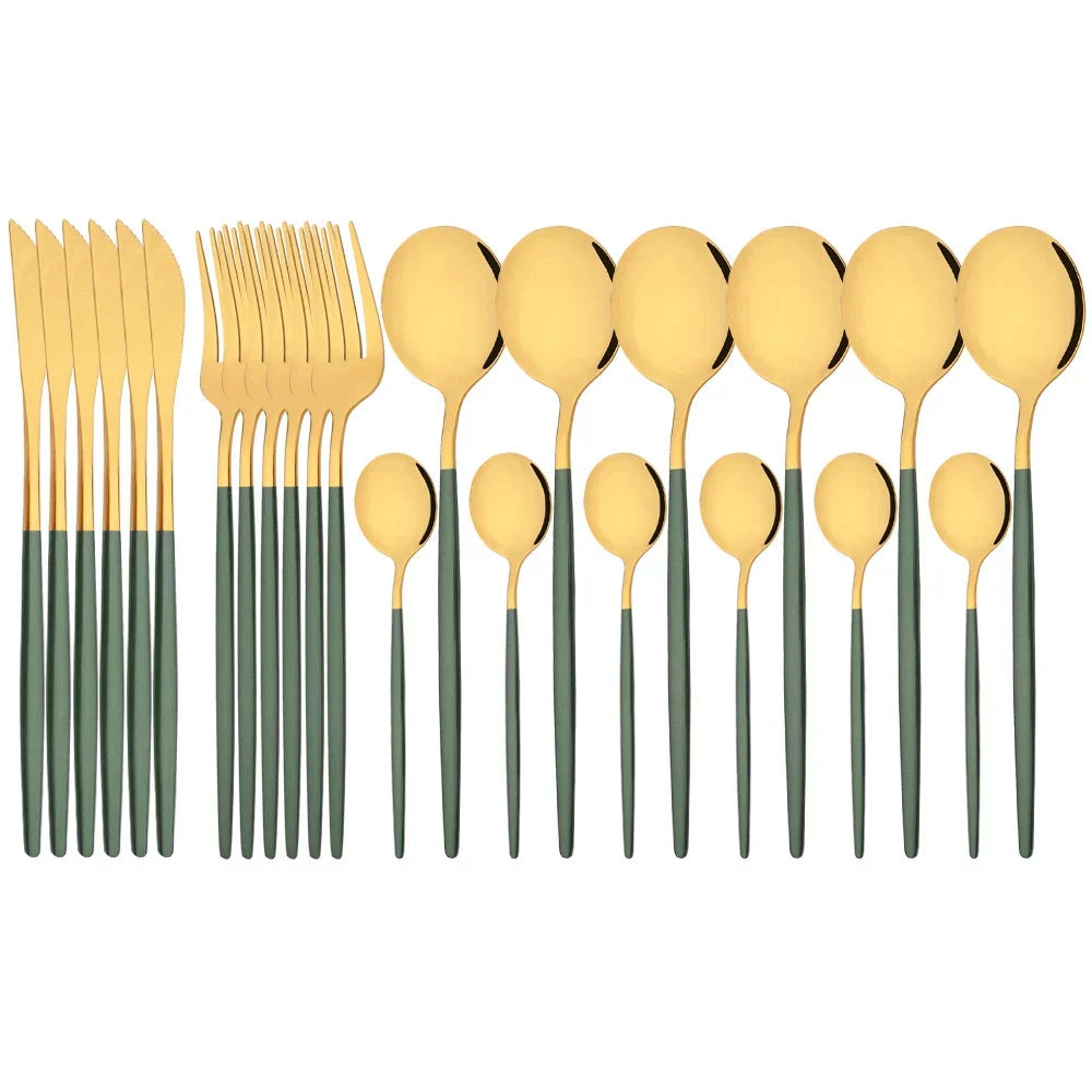 Elegant modern pink stainless steel flatware set with a dark green and gold variant, featuring 48 pieces of cutlery including forks, knives, and spoons, displayed with a sleek and sophisticated design.