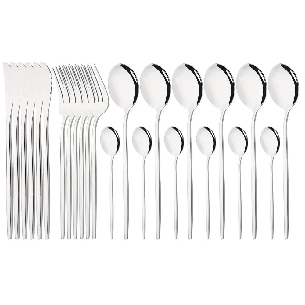 Elegant modern pink stainless steel flatware set in silver, consisting of 48 pieces including forks, knives, spoons, and serving utensils, laid out in an organized manner.