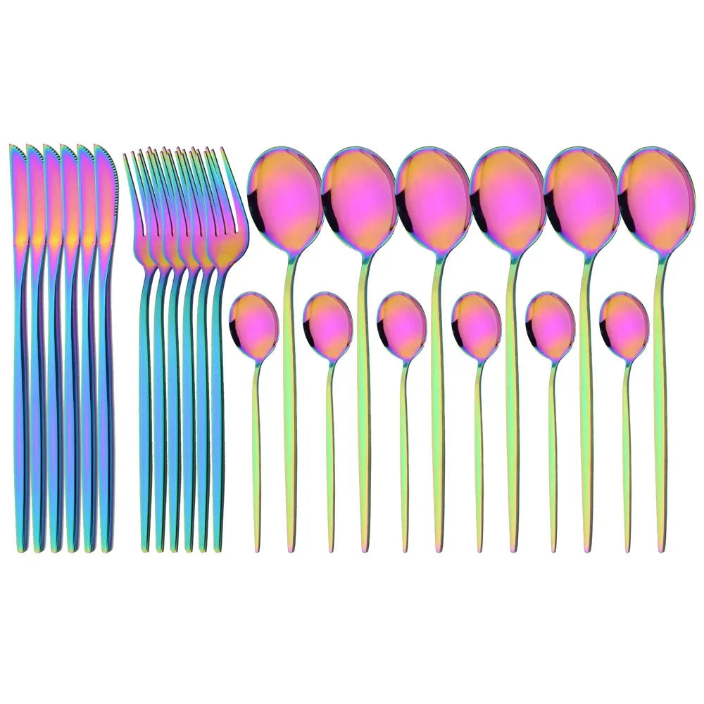 Elegant modern pink stainless steel flatware set with a rainbow finish, consisting of 48 pieces, displayed in an aesthetically pleasing arrangement showcasing the vibrant colorfulness and unique design.