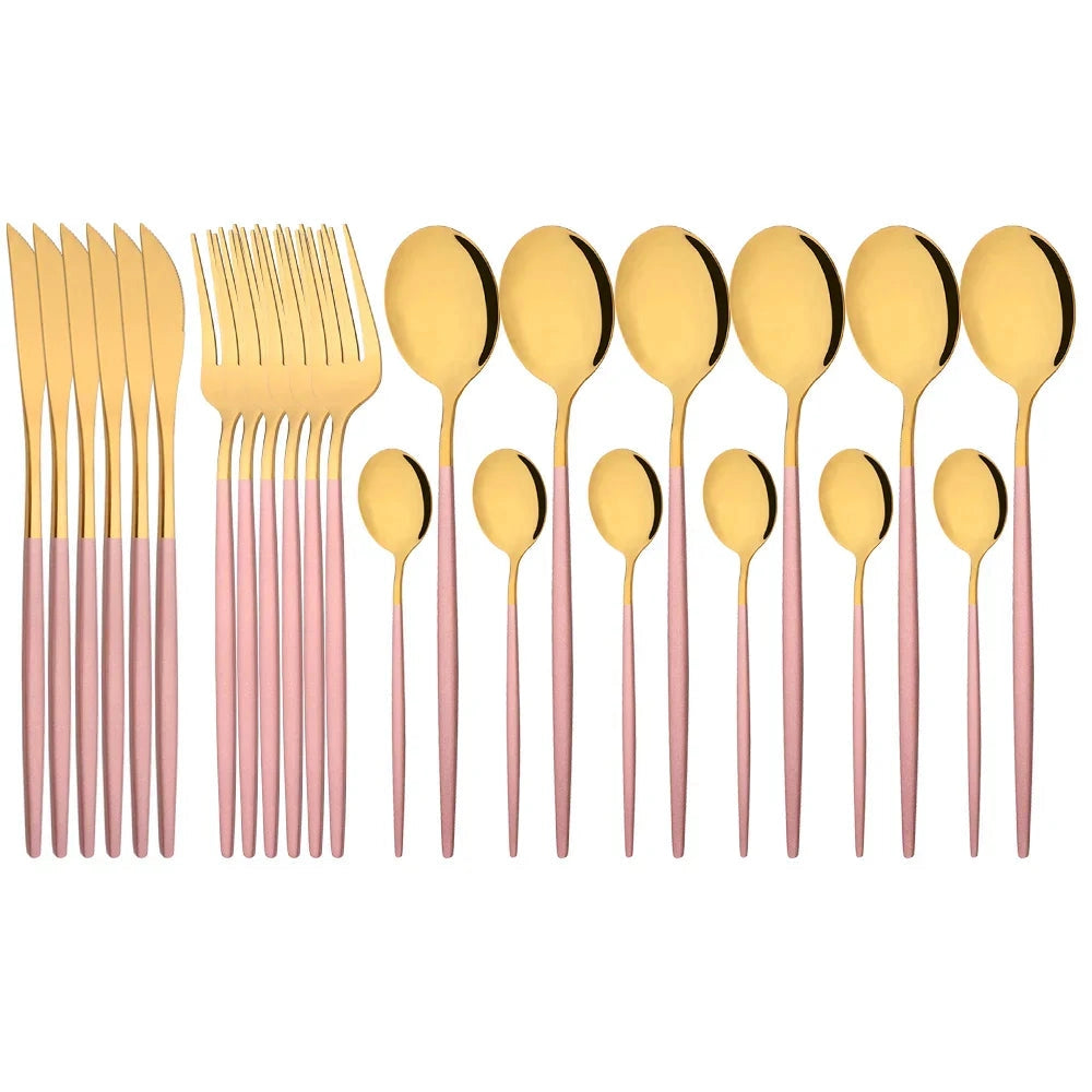 Elegant modern pink cutlery set, featuring rose gold stainless steel flatware with a sleek and symmetrical design, composed of 48 pieces.