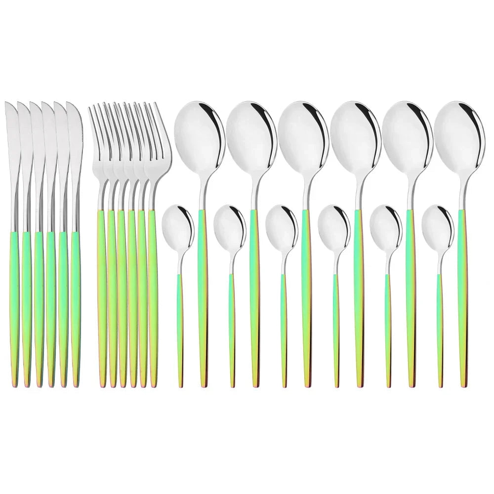 Elegant modern green-silver flatware set consisting of 48 pieces, featuring a sleek design with stainless steel construction, including spoons and other kitchen utensils.