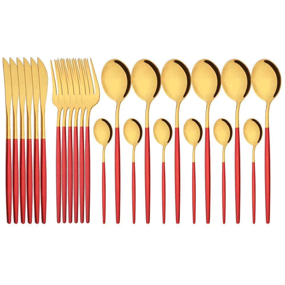 Elegant modern pink cutlery set featuring 48 pieces, with a red-gold finish. The flatware is made of stainless steel and includes various utensils such as forks, knives, and spoons, showcasing a sleek, stylish design with a subtle pattern in magenta tones.