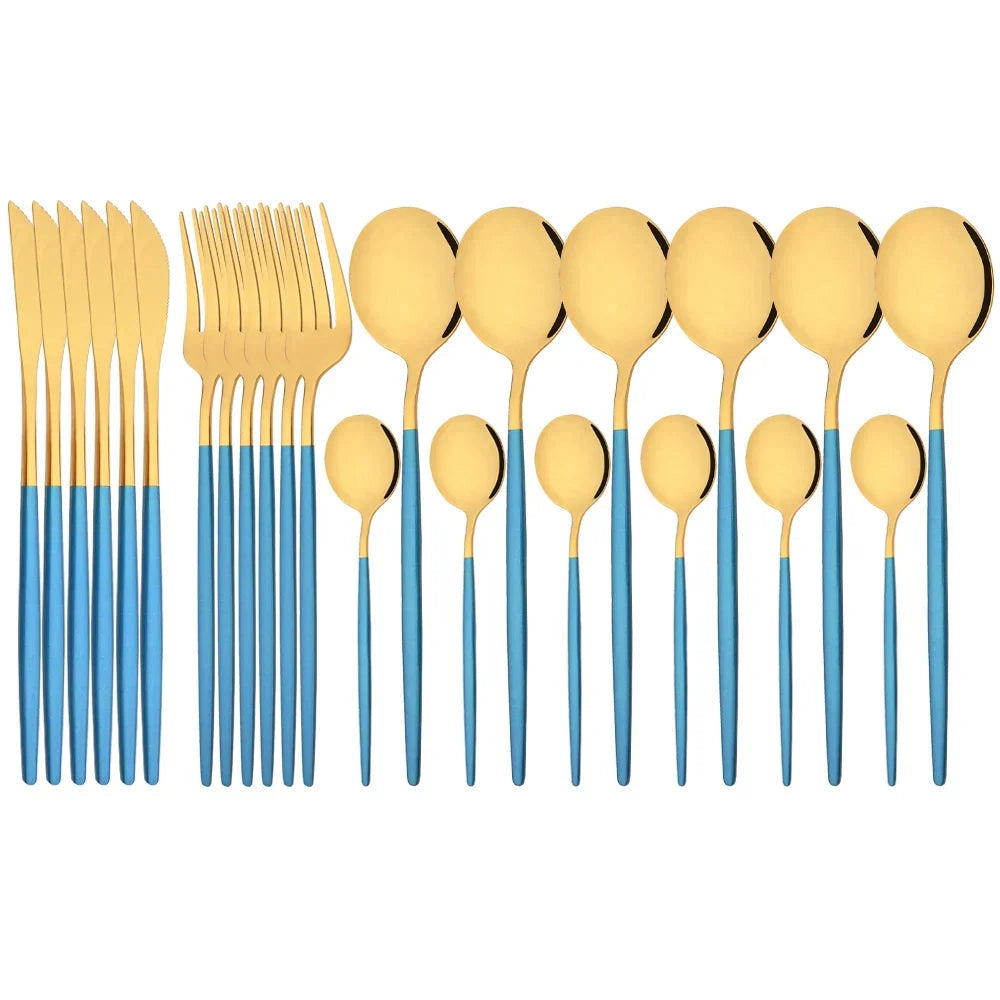 Elegant modern blue-gold stainless steel flatware set, consisting of 48 pieces, featuring a sleek and symmetrical design.