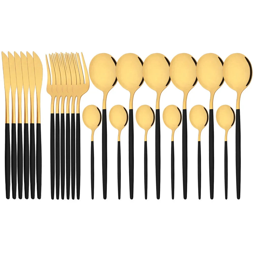 Elegant modern pink stainless steel flatware set featuring black handles with gold accents, consisting of 48 pieces displayed in a stylish and organized manner.