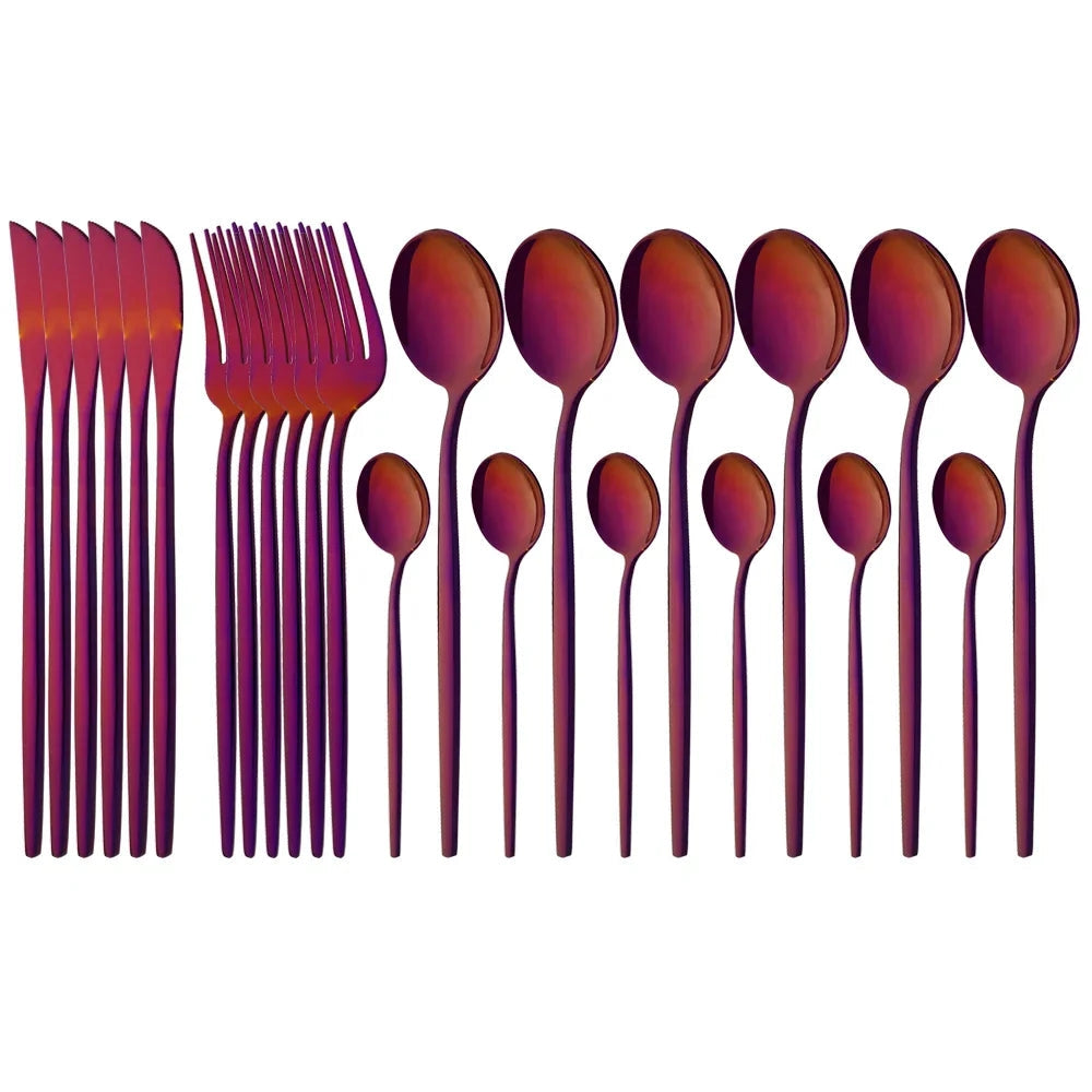 Elegant modern pink and purple stainless steel flatware set, 48 pieces, featuring sleek and symmetrical design elements.