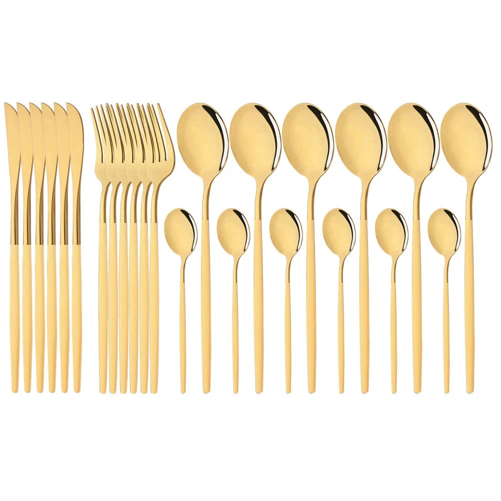 Elegant modern pink stainless steel flatware set with yellow-gold accents, consisting of 48 pieces, displayed against a plain background.