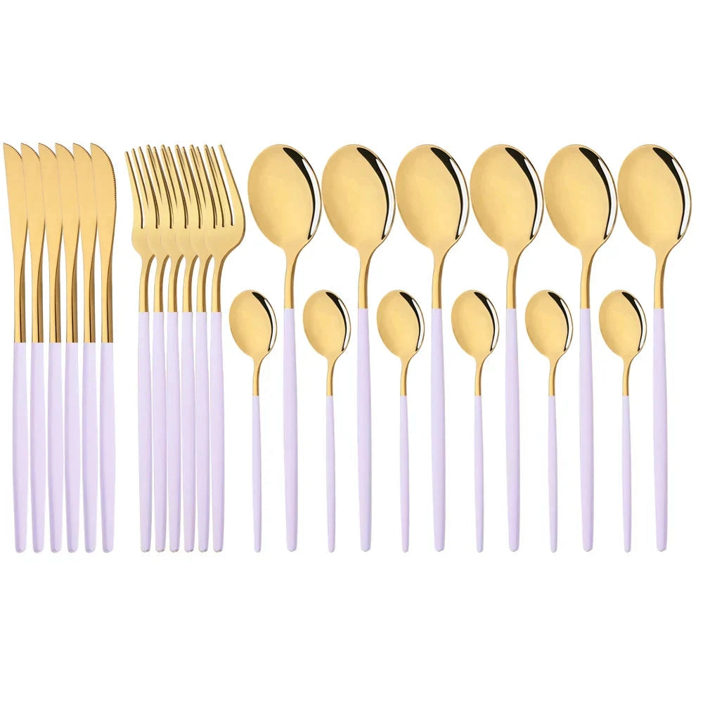 Pink stainless steel flatware set featuring a modern design, available in a purple-gold color scheme, consisting of 48 pieces including forks, knives, and spoons elegantly arranged.