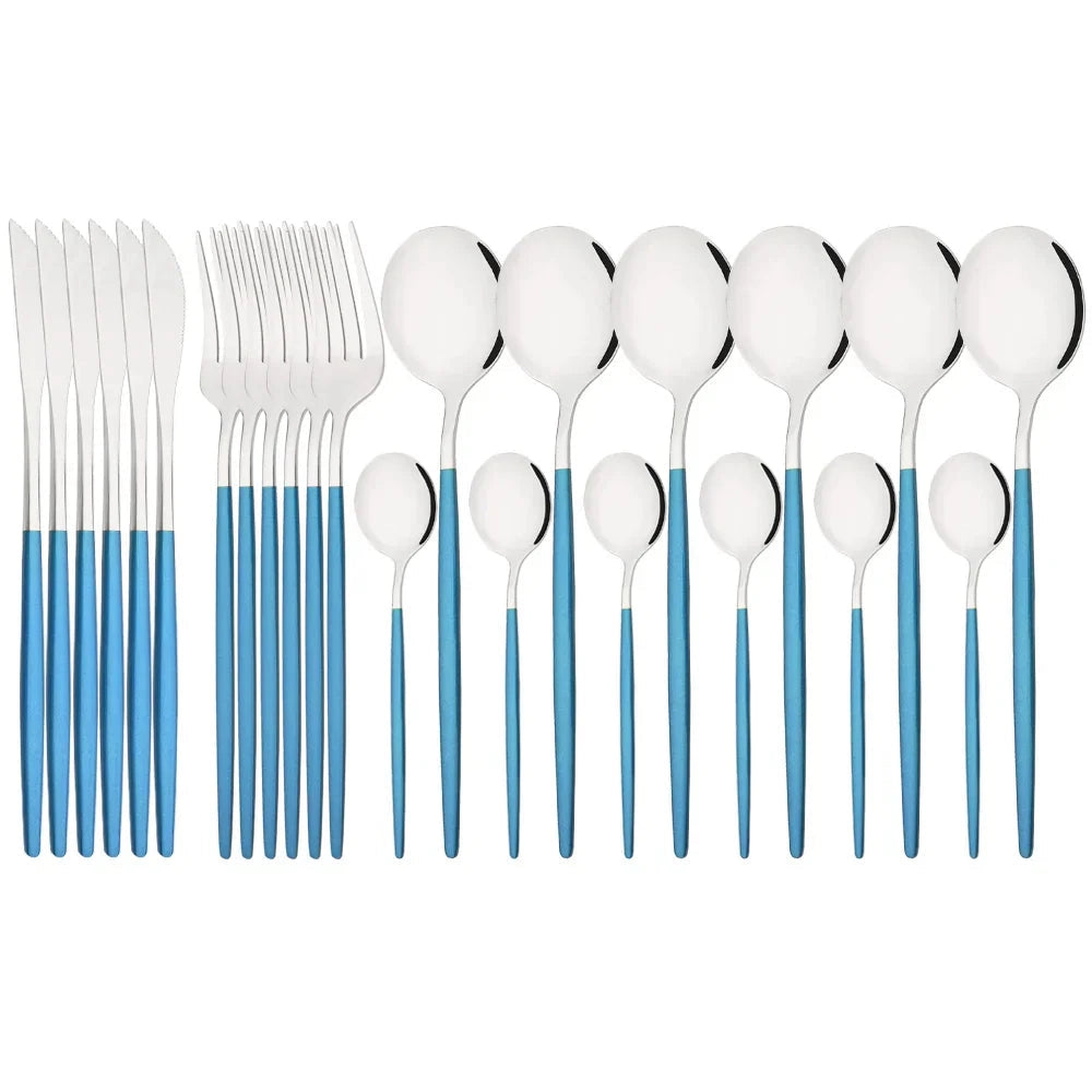 Elegant blue and silver 48-piece flatware set with modern design featuring stainless steel utensils displayed in a stylish configuration.