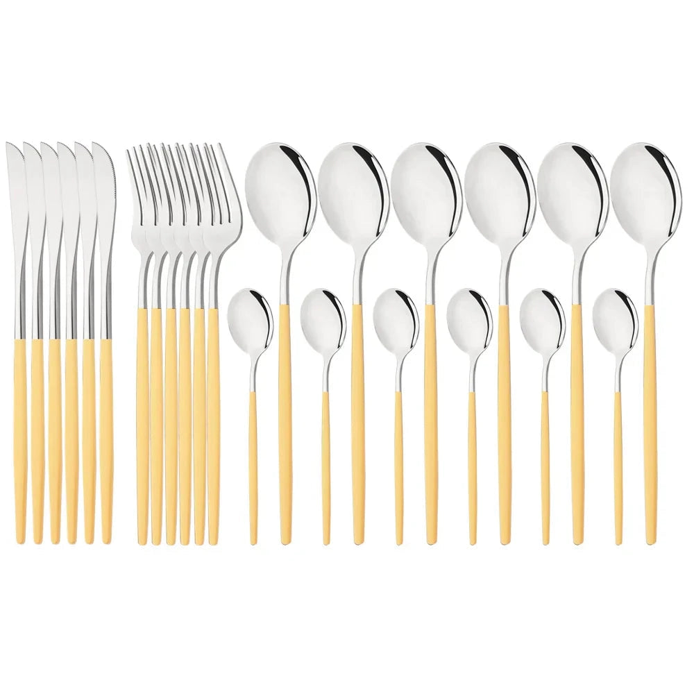 Elegant modern pink and yellow-silver cutlery set made of stainless steel, featuring a variety of utensils including spoons, with a sleek and stylish design. The set contains 48 pieces, suitable for enhancing any dining experience.