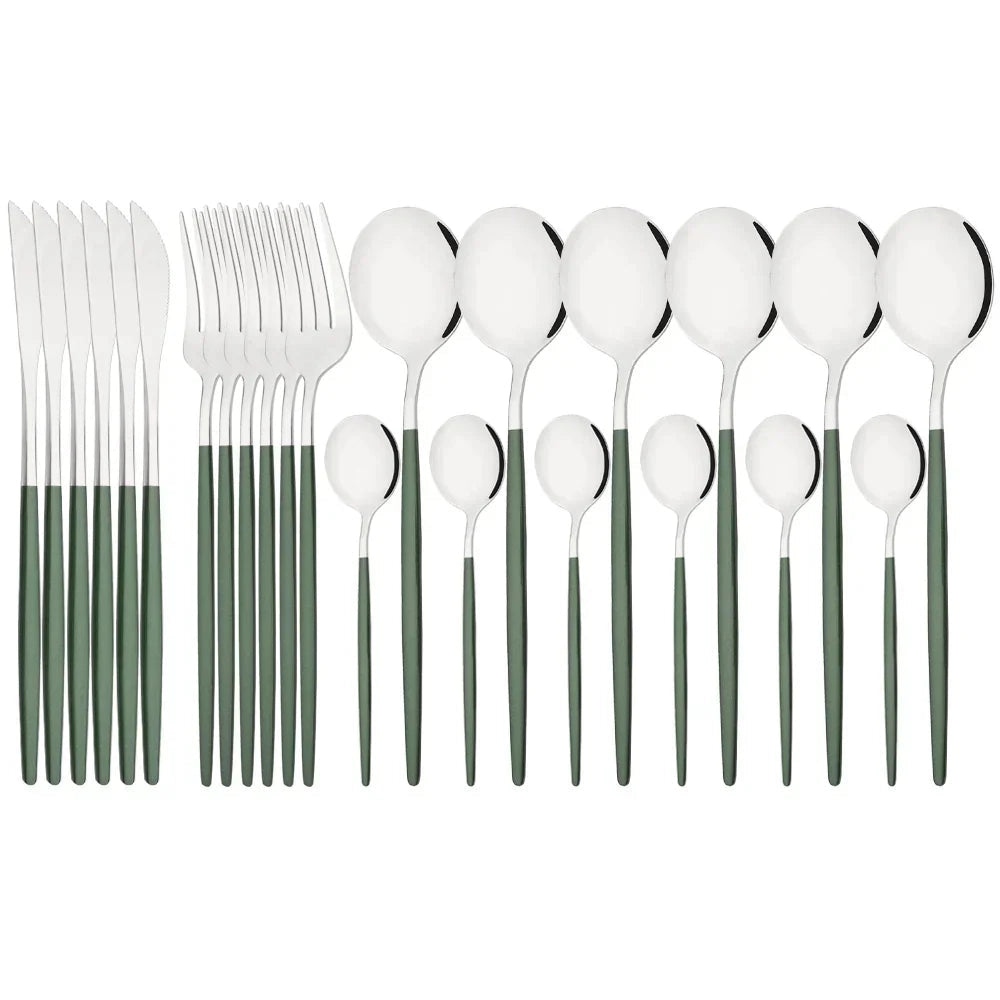 Elegant modern flatware set featuring pink stainless steel cutlery with a dark green and silver color scheme, comprising 48 pieces.