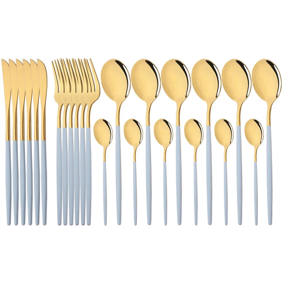 
A 48-piece elegant modern flatware set in light blue and gold, featuring stainless steel cutlery including forks, knives, and spoons, artistically arranged on a flat surface.