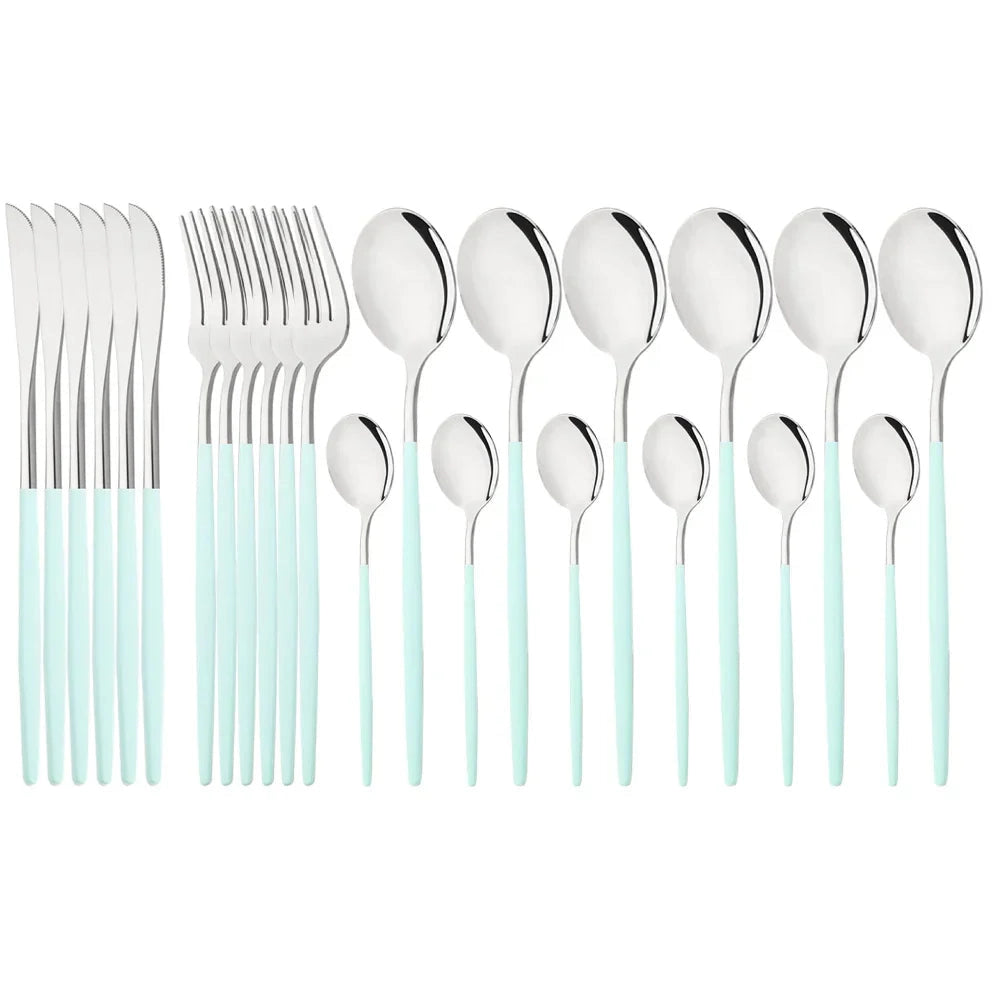 Mint-silver 48-piece flatware set featuring a sleek and modern design with pink stainless steel handles, including a variety of kitchen utensils such as forks, knives, and spoons, all elegantly arranged in a parallel pattern on a rectangular surface.