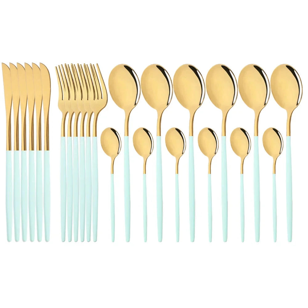 Elegant modern flatware set in a mint gold color, featuring 48 pieces of stainless steel cutlery, displayed against a wooden background.