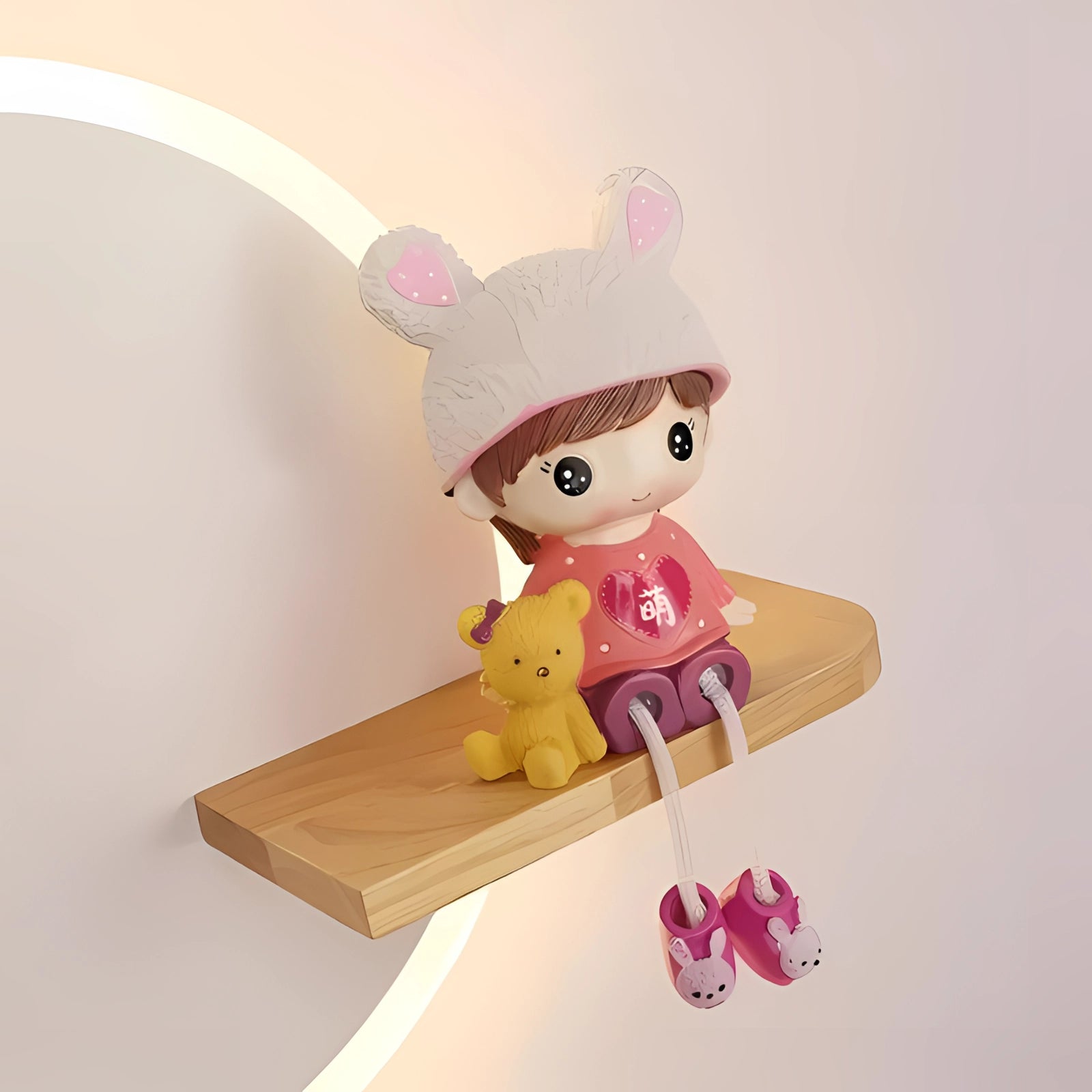 Pink toddler doll with a kitten hat and a plush lion, designed for kids' shelf decor, featuring a joyful expression and vibrant magenta hues.