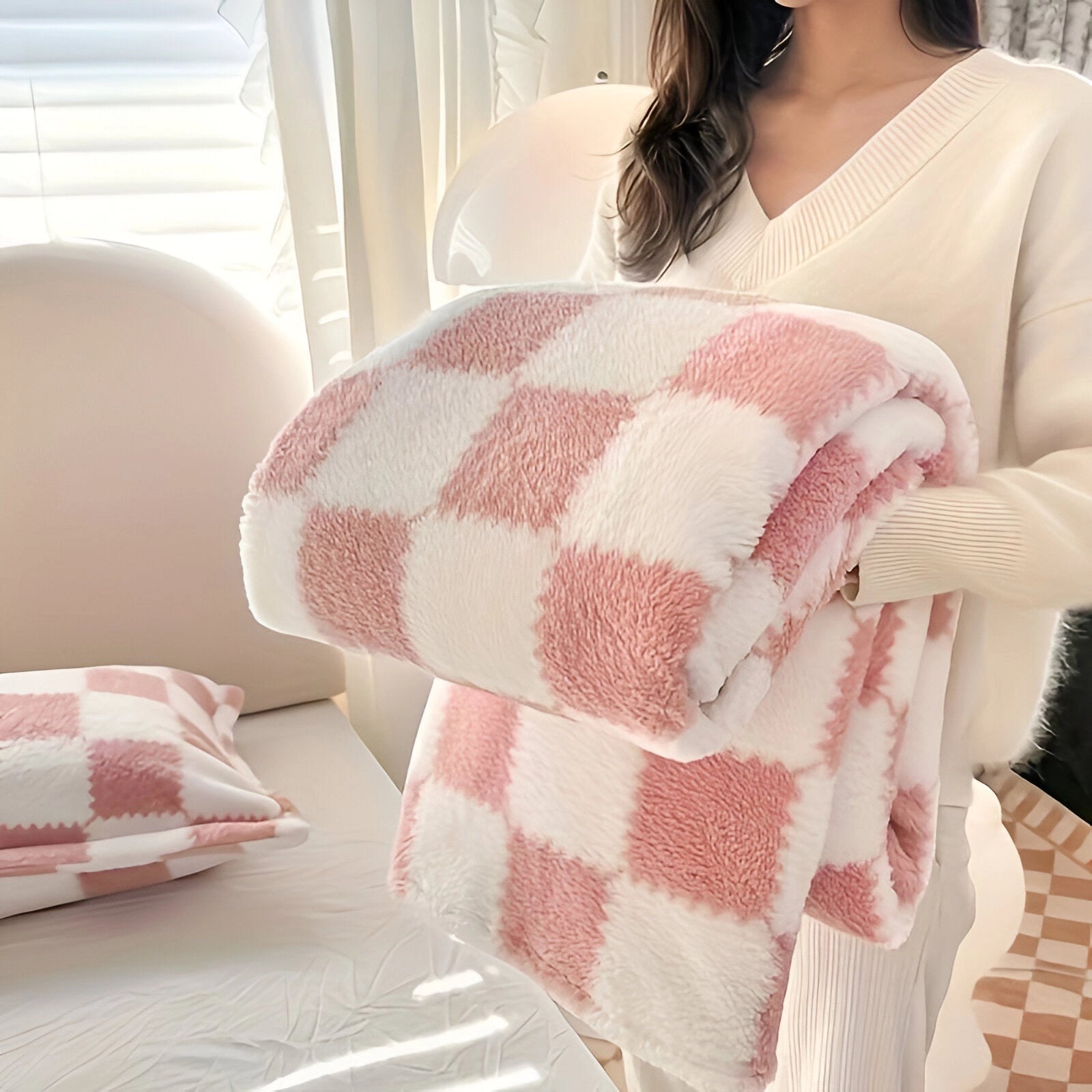 Plush pink and white checkered fleece blanket, featuring a soft and cozy texture, shown in a 200 x 230 cm size, perfect for adding comfort and stylish decor to any space.