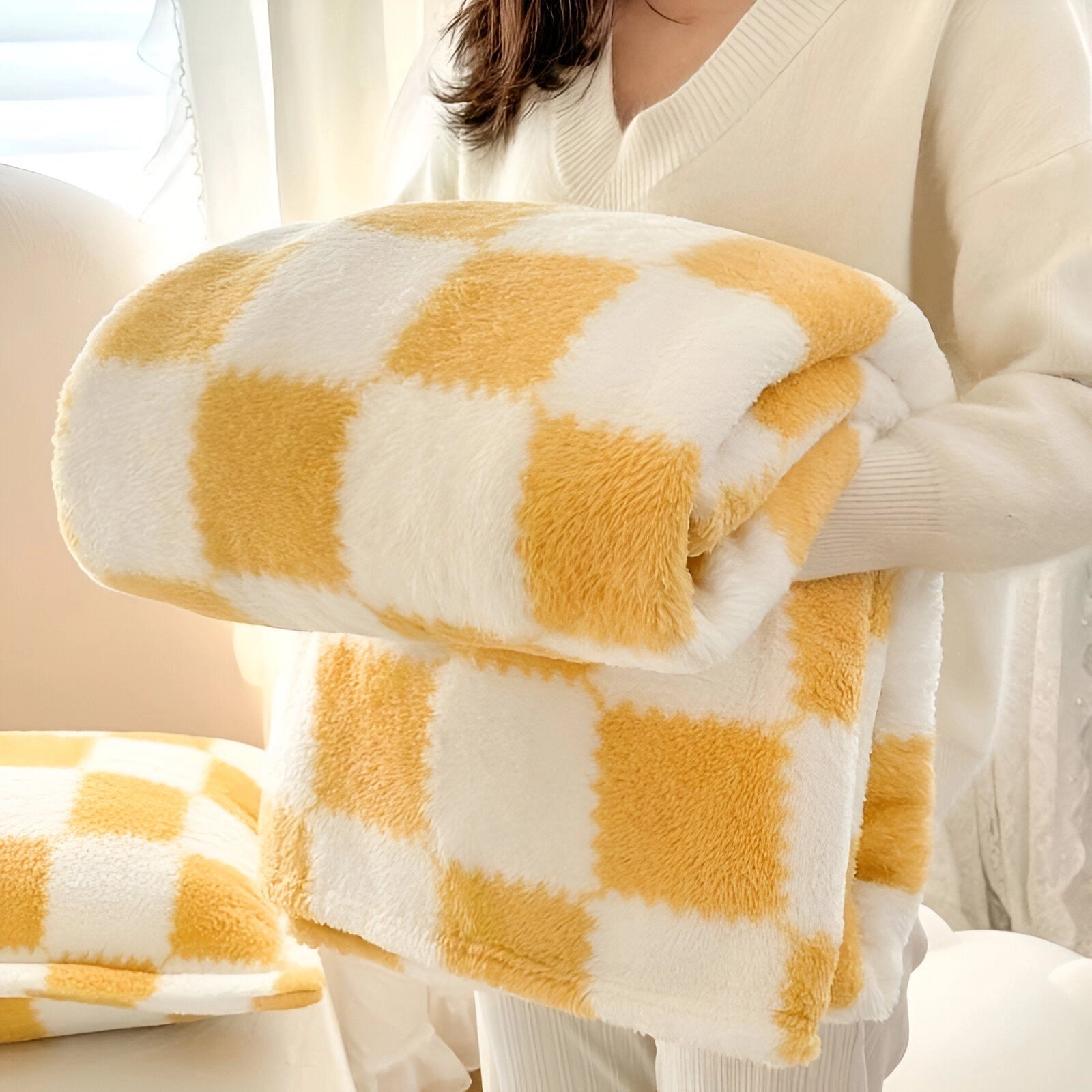 Cozy yellow fleece blanket with a checkered pattern, measuring 200 x 230 cm, perfect for adding a soft and plush touch to any room decor.