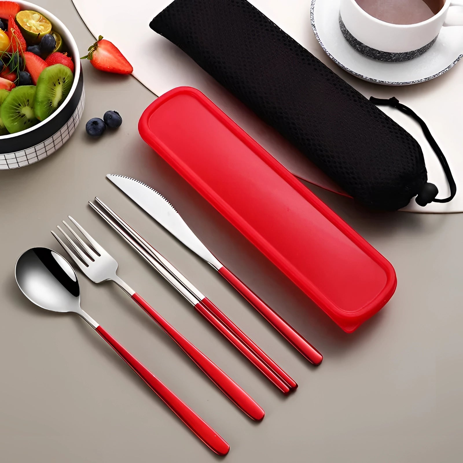 Portable eco-friendly travel cutlery set made of stainless steel, featuring a red-silver finish, displayed with a rectangular case.