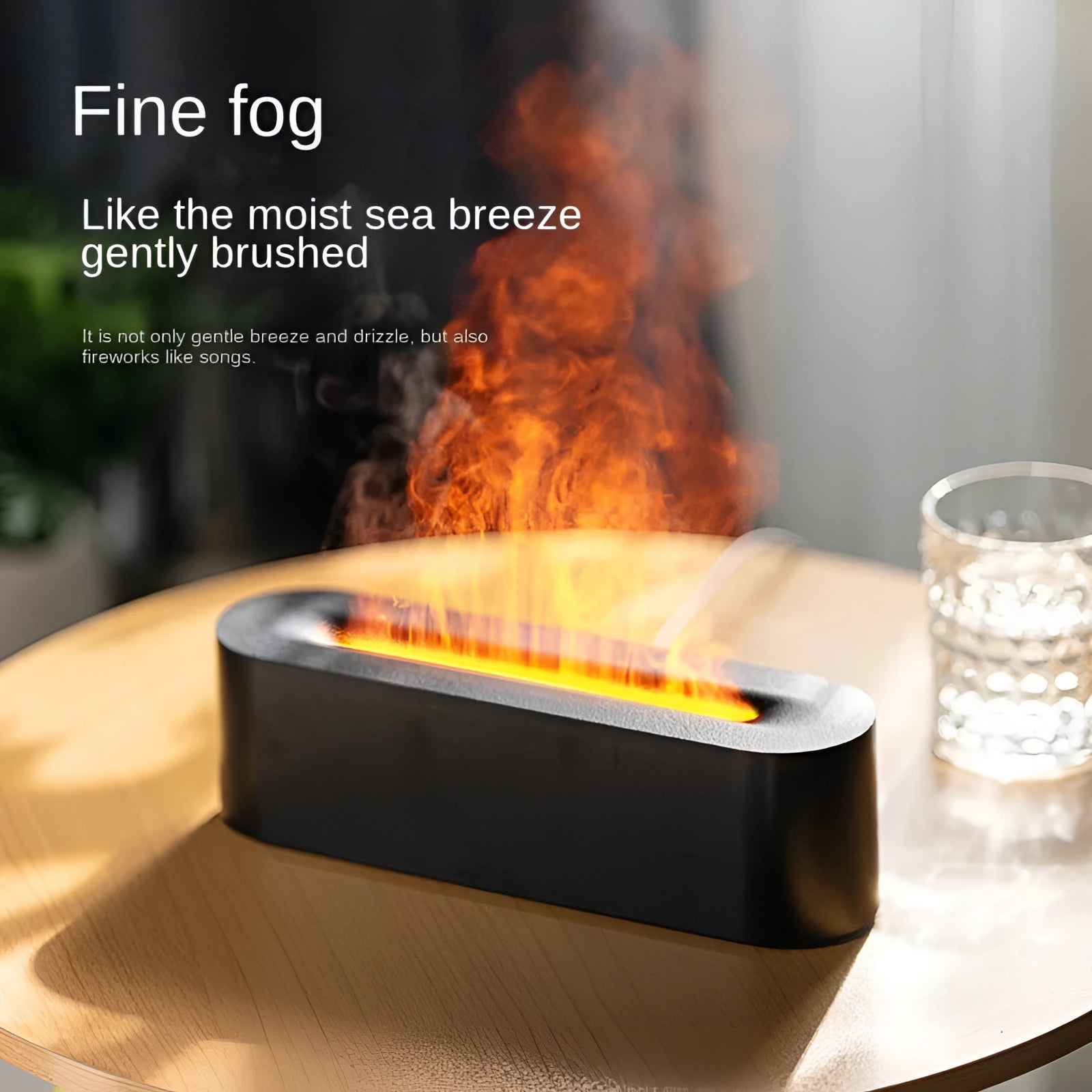 Portable USB flame diffuser and electric fireplace with LED flames on a table, creating a cozy and warm atmosphere with realistic flame effects.