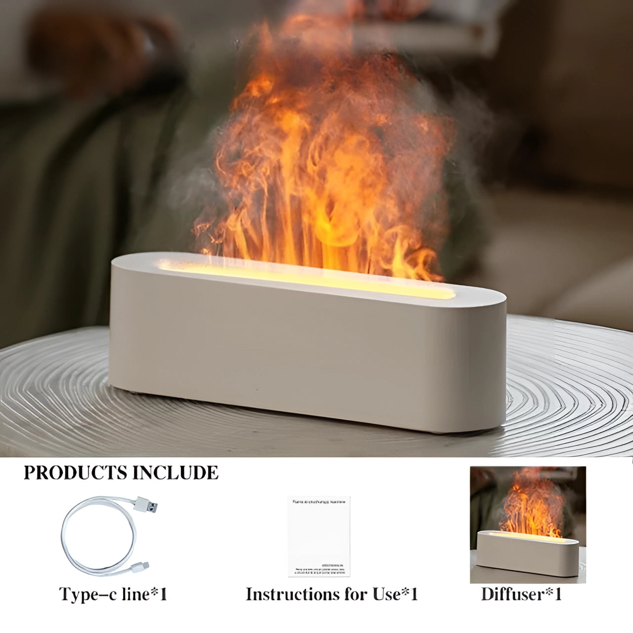 Portable USB flame diffuser and electric fireplace in a white finish, featuring realistic LED flames.