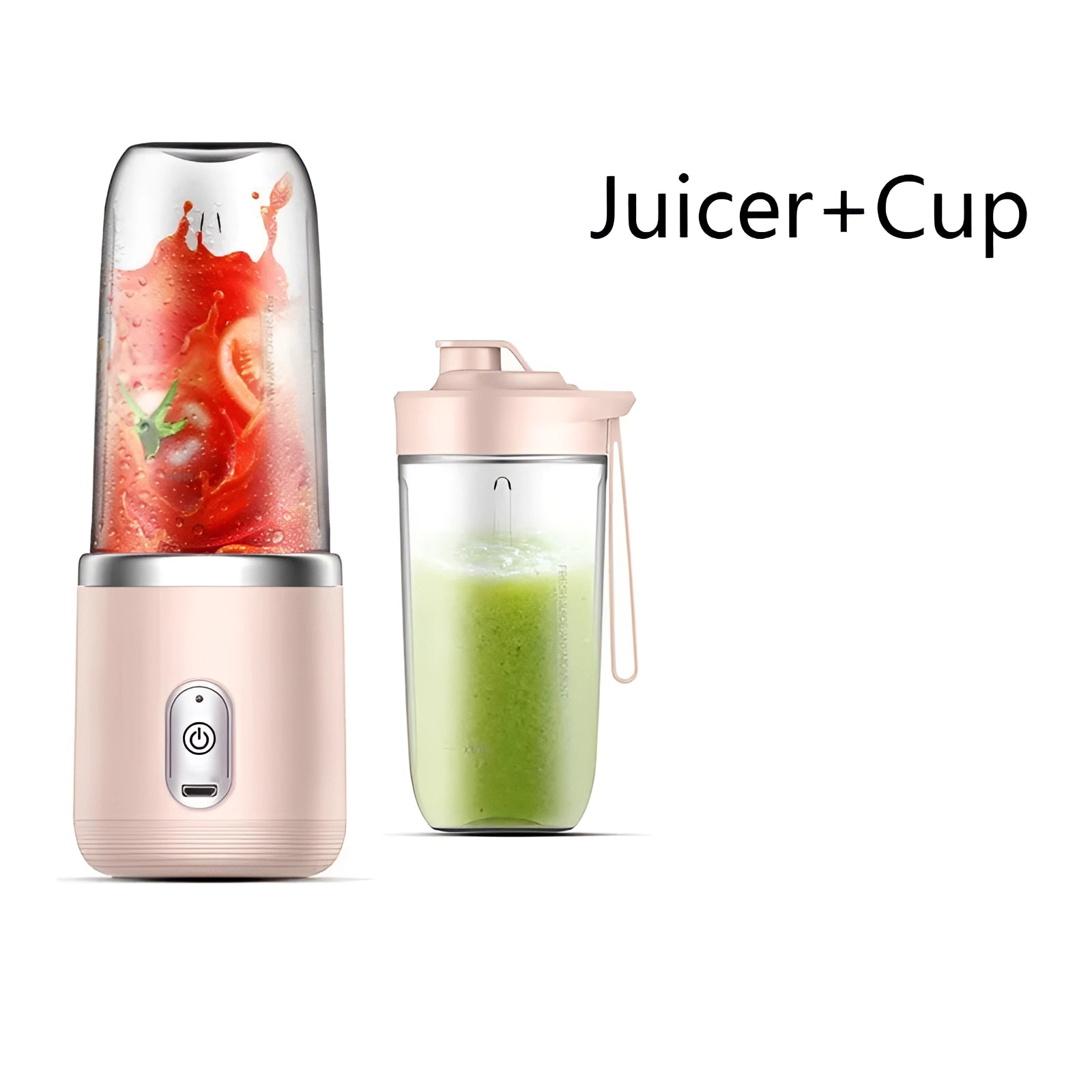 Pink portable USB rechargeable juicer styled as a travel-friendly smoothie blender, resembling a sports cup, with a focus on preparing fresh fruit and vegetable juices while on the go.